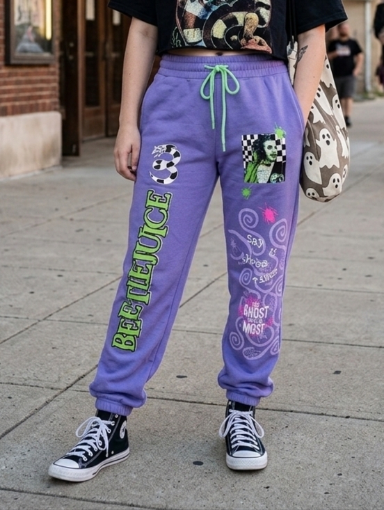 Beetlejuice Pants - Beetlejuice "Ghost with the Most" Purple Joggers Sweatpants - Size S